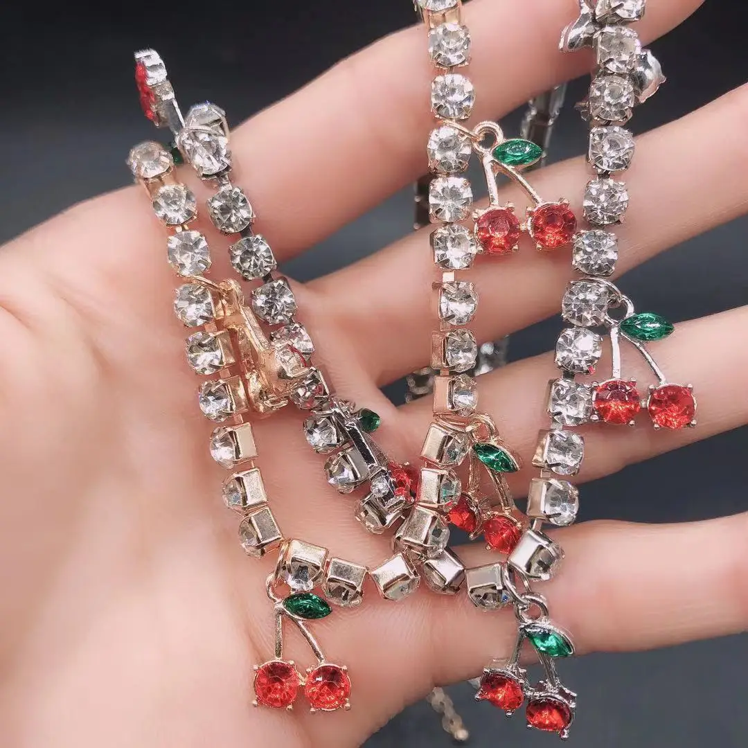 

Fashion Charm Rhinestone Cherry Pendant Necklace for Women Statement Tennis Chain Choker Crystal Collar Girls Hip Hop Jewelry