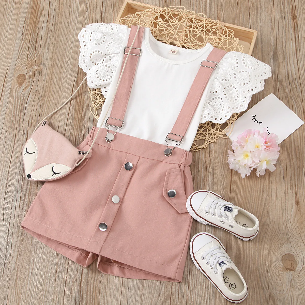 

New Summer 2-6 Years 2pcs Solid Color Children Kids Baby Toddler Girls Clothes Hollow Ruffle Sleeves T-Shirt Overalls Skirt Sets