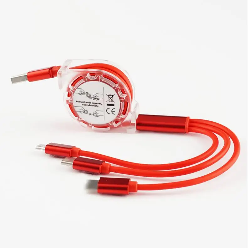 Red Мини 3 в 1 USB кабель Портативный Выдвижной Micro usb type C провод зарядки складной зарядный кабель для iPhone samsung Xiaomi huawei - Цвет: Red