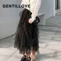 gentillove women solid gauze mesh summer ball gown long skirt irregular high waist elegant party club sweet style casual loose