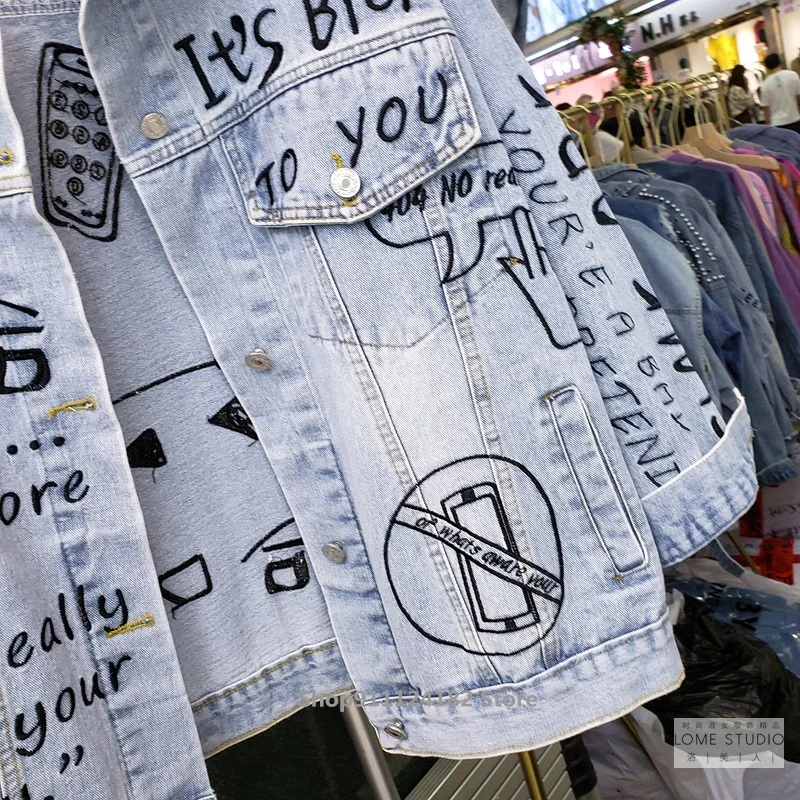 

Denim Jacket Female Ins Tide Brand Low Head Embroidery Hip-Hop Street Style Jacket Jacket bf Loose Korean Spring Jacket