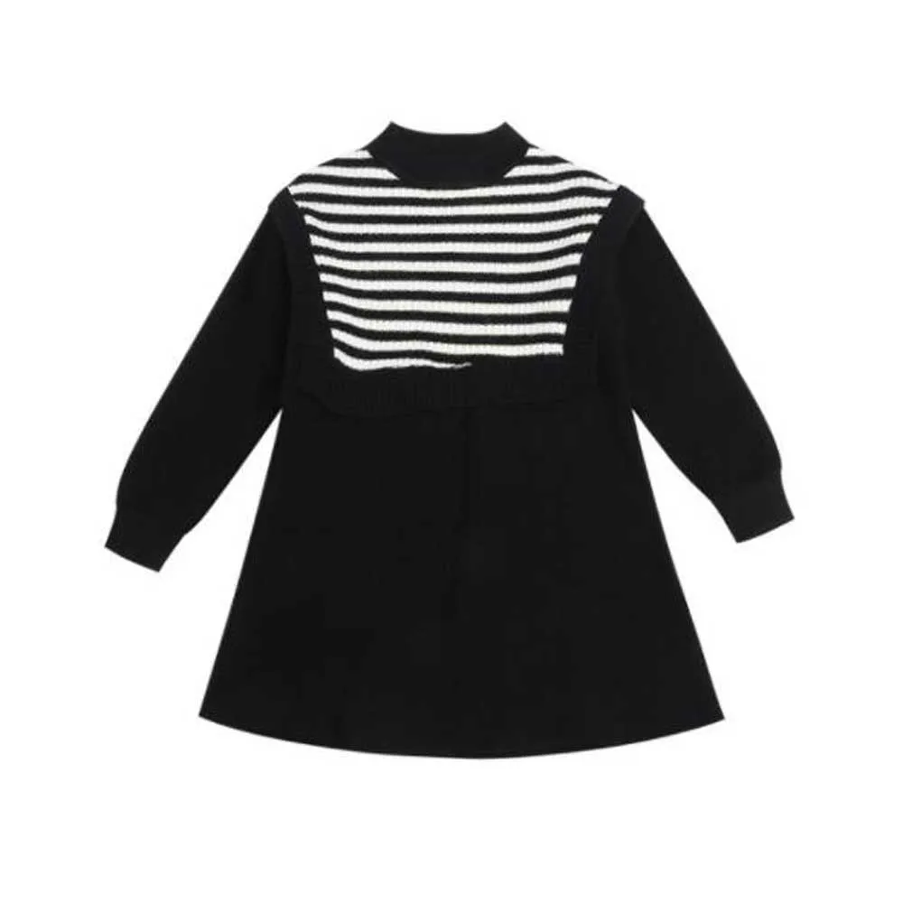 

Big Girls Autumn New Vintage Cute Fake 2pc Knitted Striped Sweaters Dress Children Kids Students Long Sleeve Loose Casual Gowns