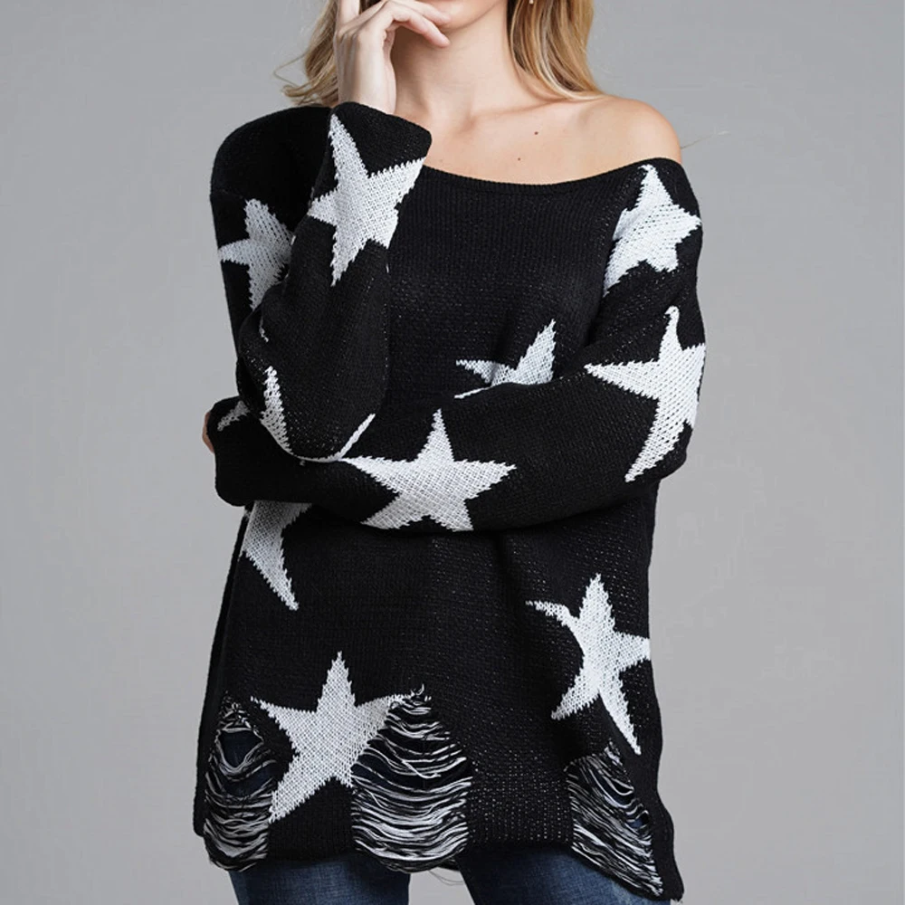 Трикотажный пуловер с открытым плечом свободный длинными рукавами со звездами