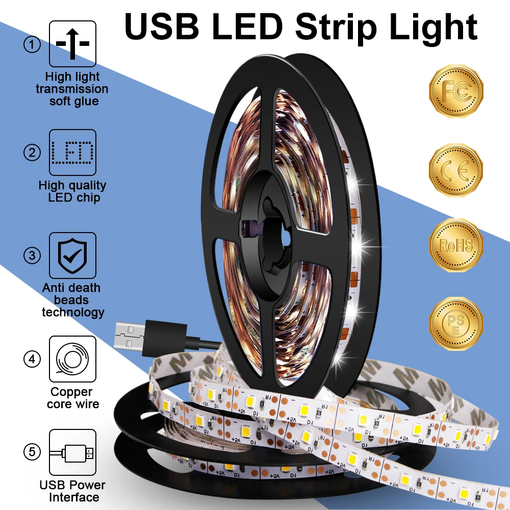 

LED Strip Light 5V LED Lamp Ribbon USB Flexible Light Strip 30 60 120 180 240 300 Leds TV Background Lighting Wardrobe Fita Lamp