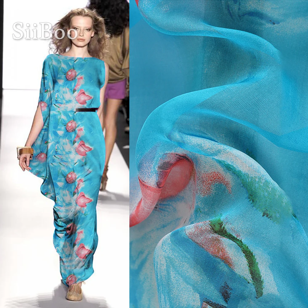 Шифоновая ткань Siiboo из натурального шелка с бабочкой и цветочным принтом мягкое