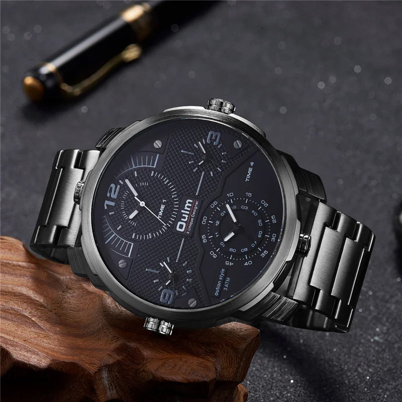 Oulm Luxury Men Watches Mens Big Dial Four Time Zone Stainless Steel Quartz Wristwatches Military Sports | Наручные часы