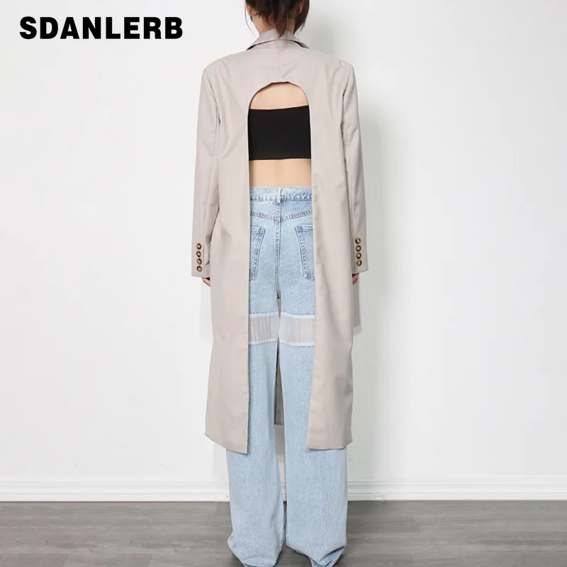 

Autumn Trench Coat 2021 Autumn New Solid Color One Button Minimalist Design Long Coat Fashion Long Sleeve Backless Windbreaker