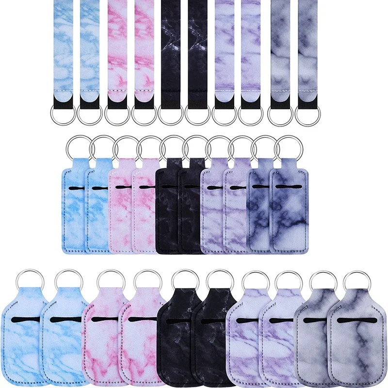 

30Pcs Marble Style Travel Bottle Keychain Holders Set, Keychain Wristlet Lanyards And Lipstick Holder Keychain