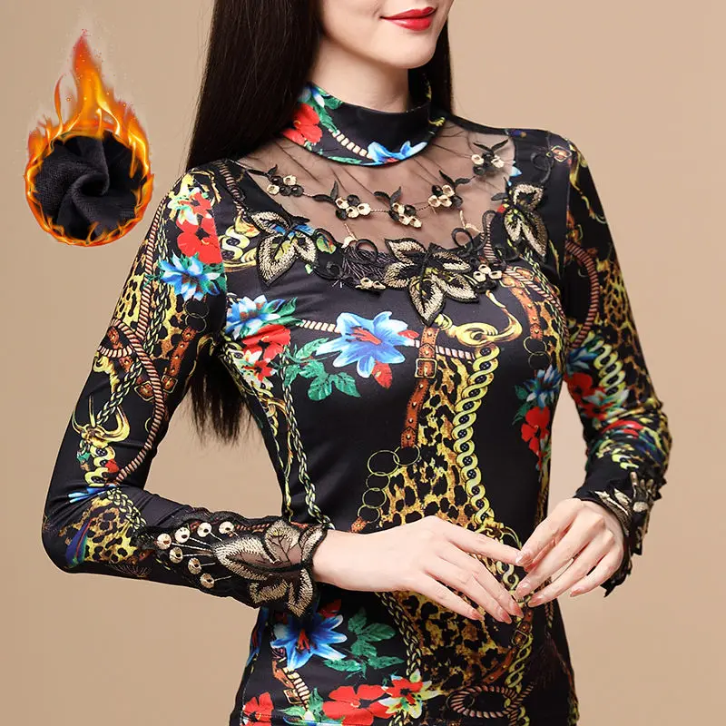 

Plus velvet/thin autumn/winter print lace embroidery warm top women's new tide feminine bottoming shirt