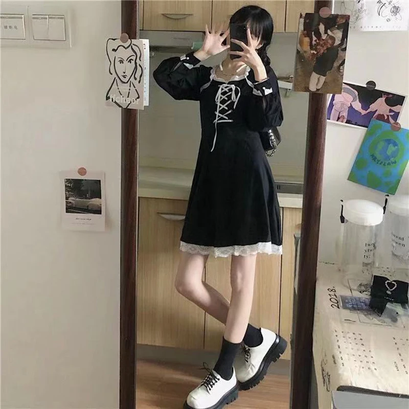 

Dark black girl dress Japanese black lace edge bandage sexy black Lolita skirt Korean student style waist spring autumn dress