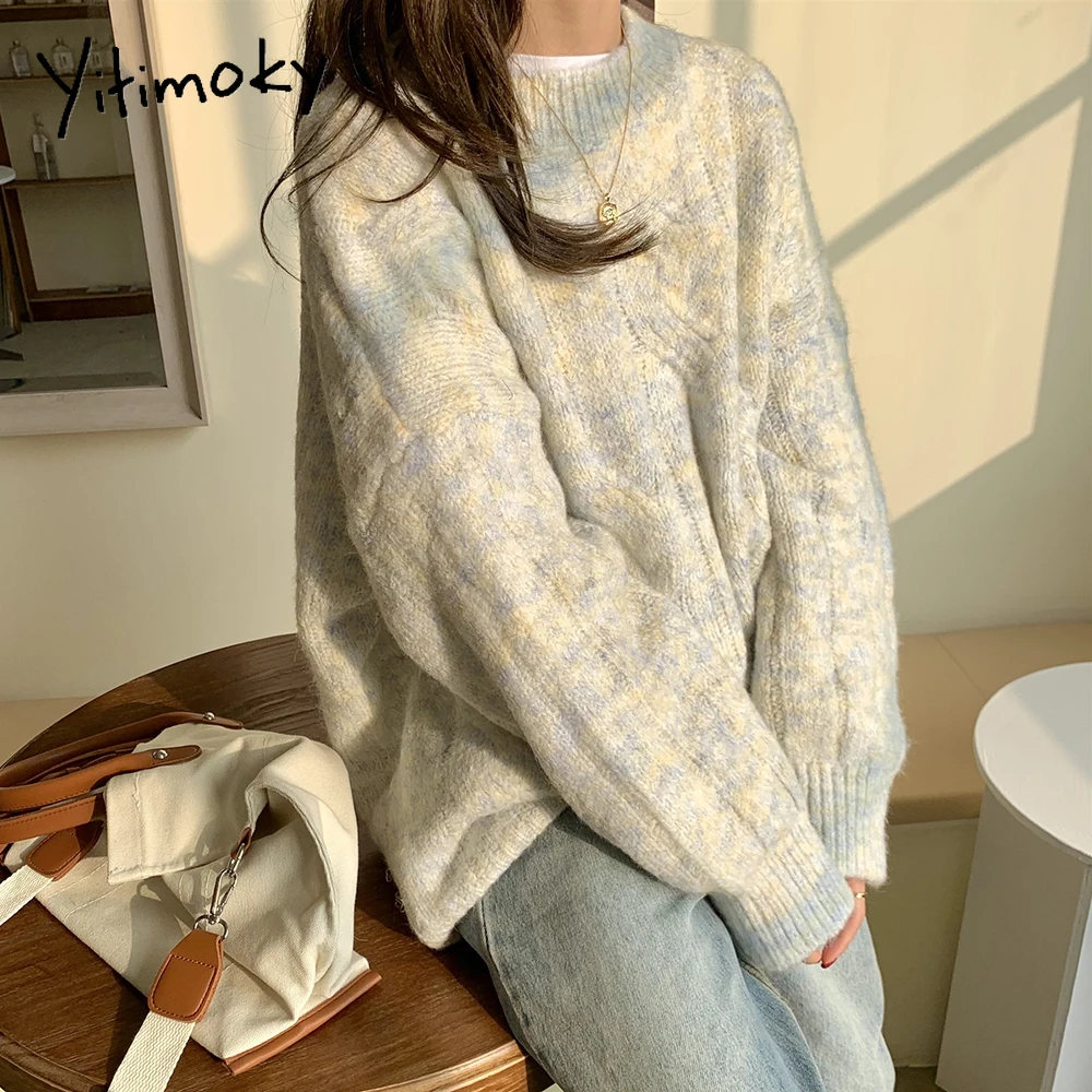 Yitimoky Fall Sweaters for Women Pink Beige O-Neck Pullovers Vintage Thick Knitted Long Sleeve Clothes Korean Style Loose Top