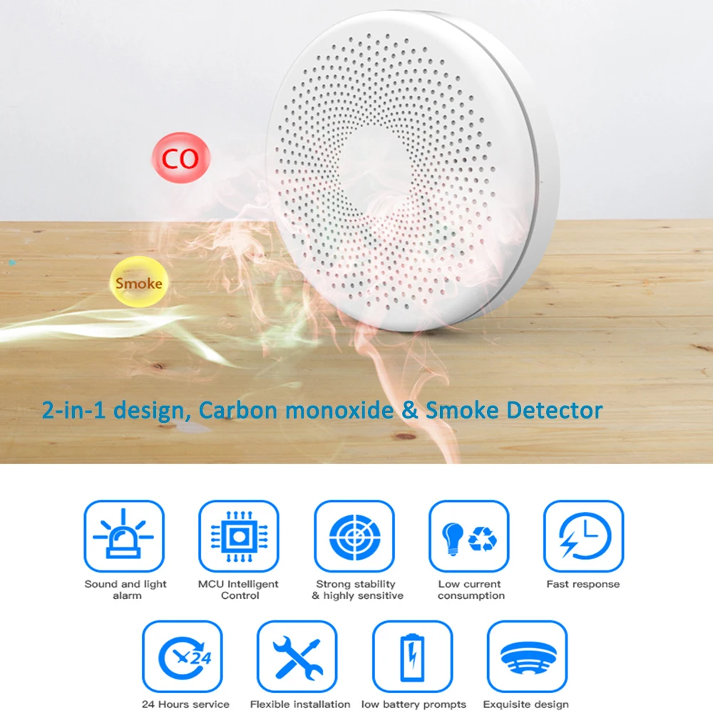 WIFI 2 in 1 Smoke Carbon Monoxide Combo Detector CO Gas Alarm Sensor 85DB Sound Tuya Smart Security System | Безопасность и защита