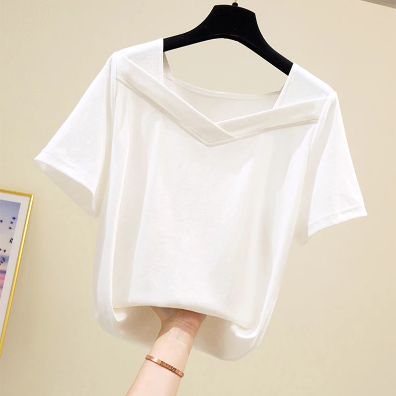

Summer White Cotton T Shirt Women Korean Fashion V Neck Slim Stretch Casual Short Sleeve Soild Tees Woman T-Shirts Tops Female