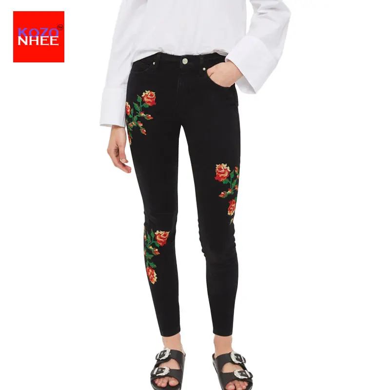 Женские эластичные джинсы с вышивкой высокой талией размера плюс винтажные