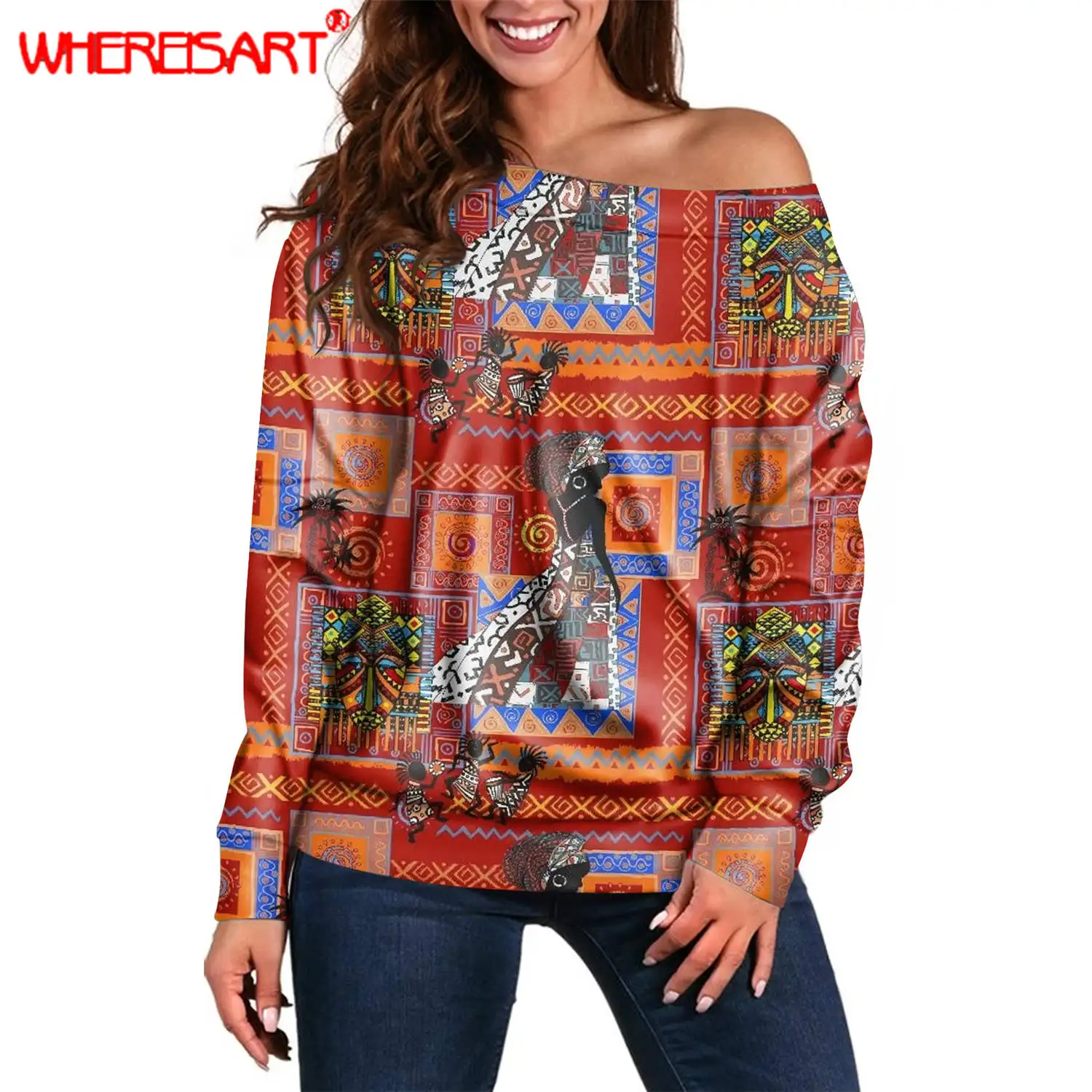 

WHEREISART African Tribal Women Magic Women's Clothing Afro Lady Women Casual Long Sleeve Pullover Tops Shirt for Women Trendy