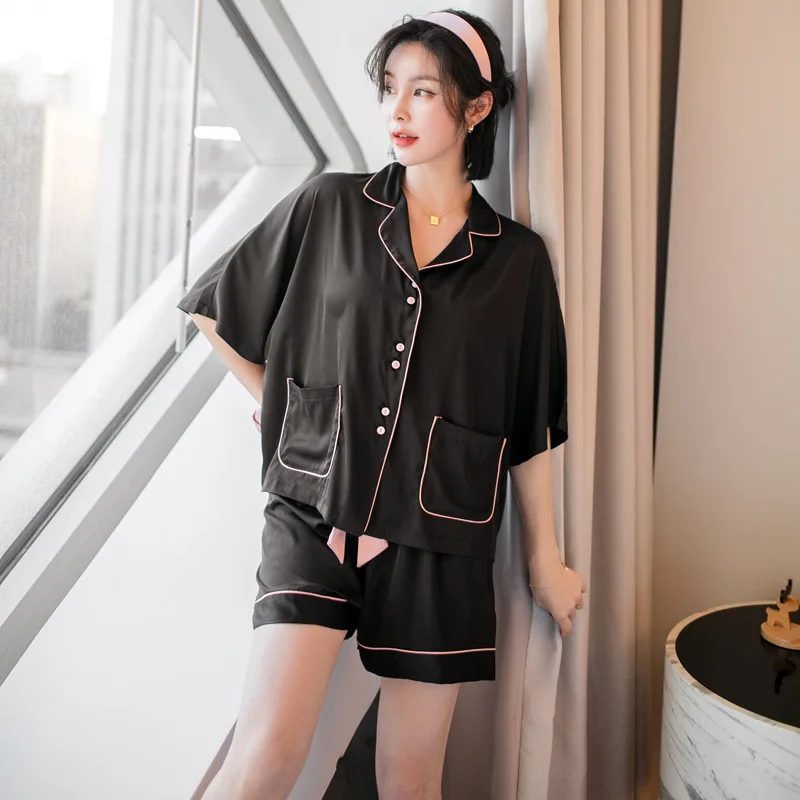 Summer Silk Set Short Sleeve With Pocket Shorts Sleepwear Men and Women Loose Style Home Suit  couple pajamas