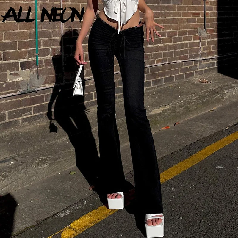 

ALLNeon Y2K Aesthetics Vintage Drawstring Low Waist Flare Pants 90s Streetwear Bandage Full Length Black Denim Trousers Retro
