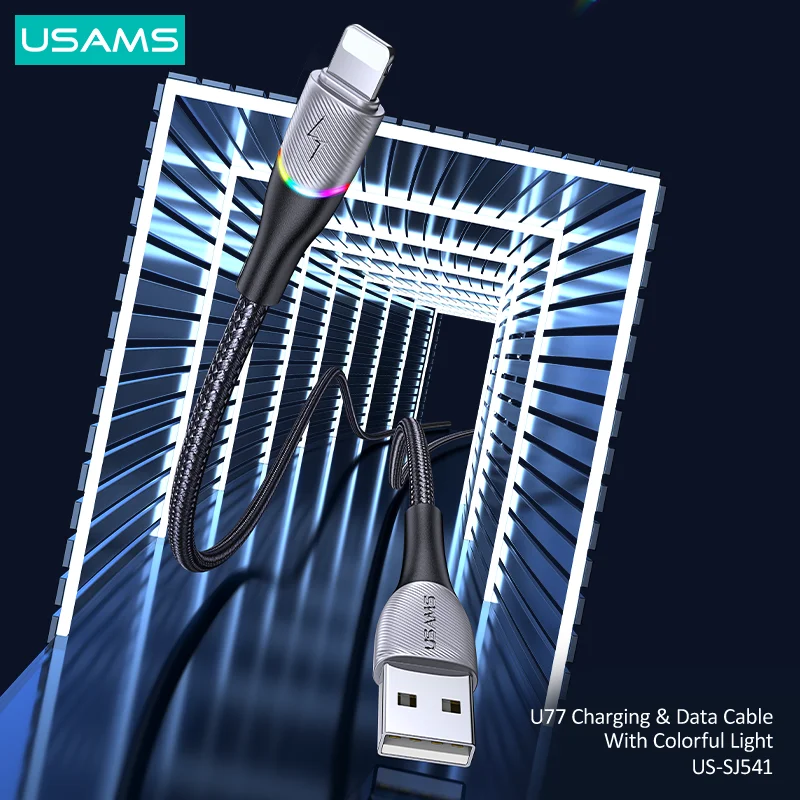 

USAMS U77 2.4A Colorful Light Cable Lightning Quick Charge Data Braided Cable For iPhone 13 12 11 Mini Pro Max X Xr Xs 8