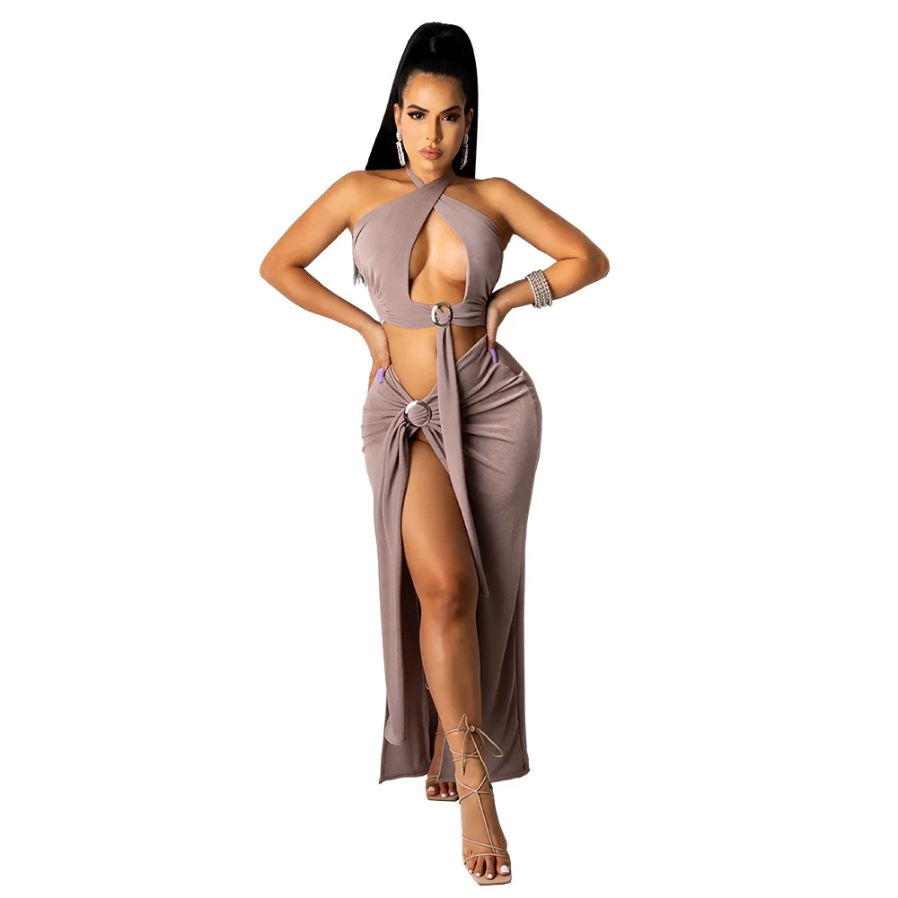 

2021 two-piece pure color elegant sexy long dress