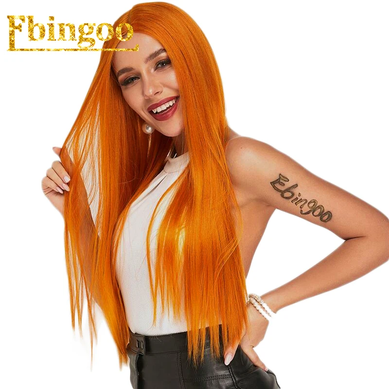 Orange Ebingoo черный оранжевый розовый фиолетовый желтый парик длинные прямые Futura синтетические парики на кружеве для женщин Peruca средняя часть 26 дюймов - Цвет: Orange