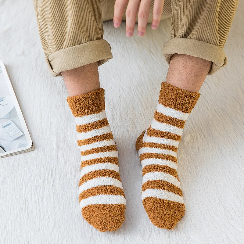 Полосатые носки мужские толстые коралловые бархатные зимние теплые мягкие