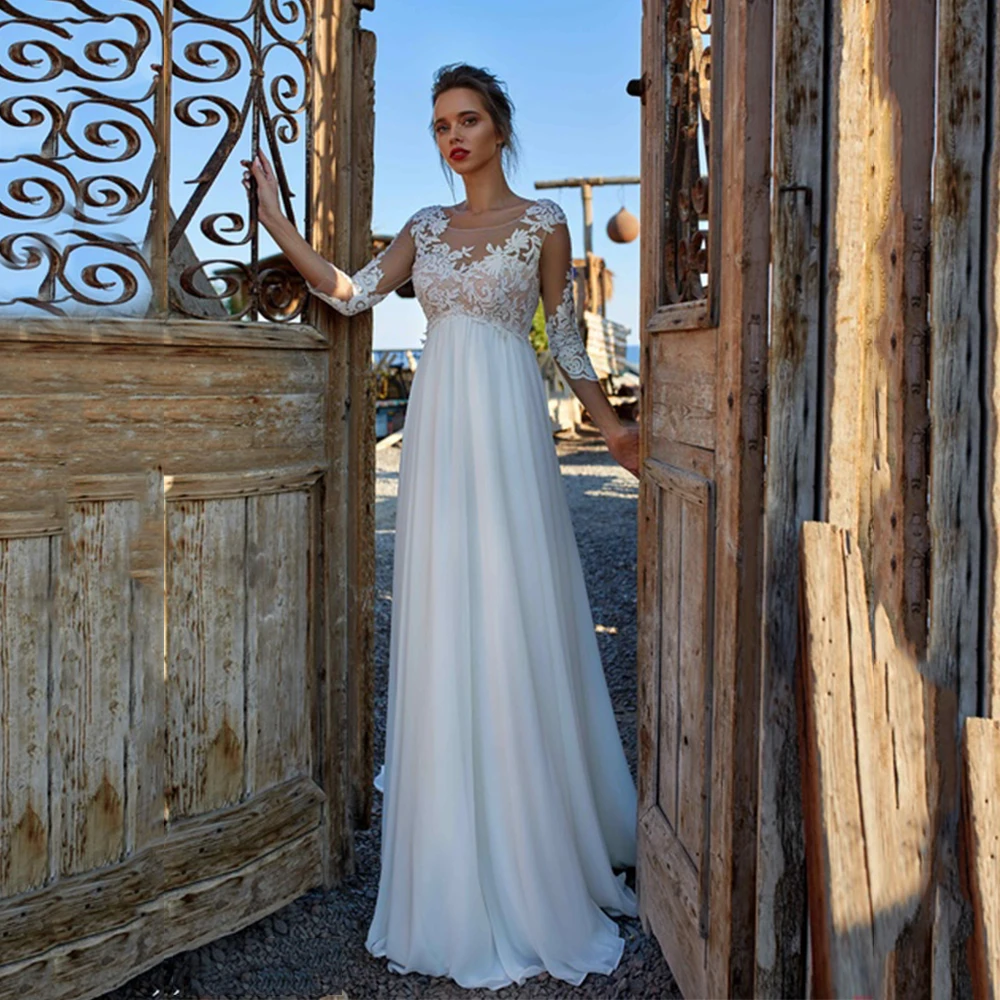 

Bohemian Wedding Dress Scoop A Line Applique 3/4 Sleeve Sweep Train Simple Civil Chiffon Bridal Gown Illusion Lace Button Back