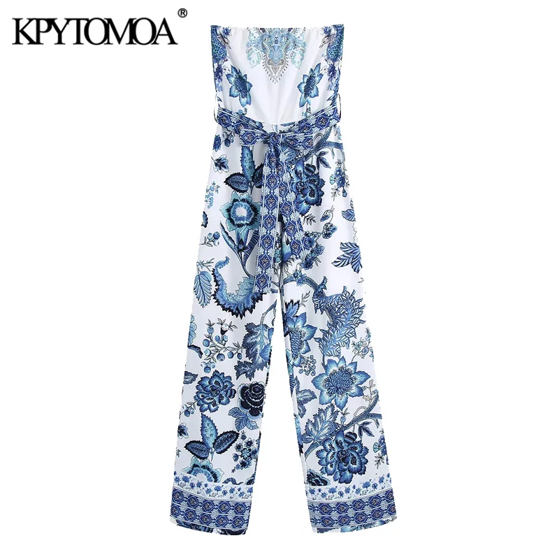 

KPYTOMOA Women 2021 Chic Fashion With Belt Floral Print Wide Leg Jumpsuits Vintage Backless Zipper Female Playsuits Mujer