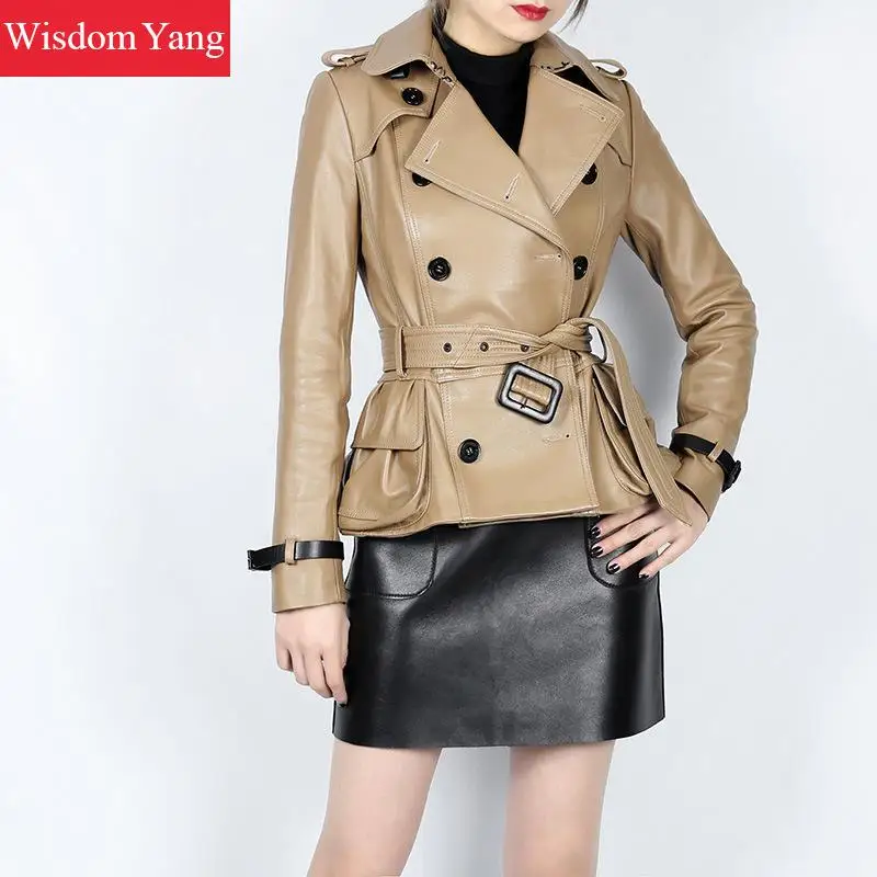 Autumn Khaki Sheepskin Genuine Leather Jackets Short Womens Coats Ladies Tops Trench Jacket Coat Slim Female Overcoat Outerwear