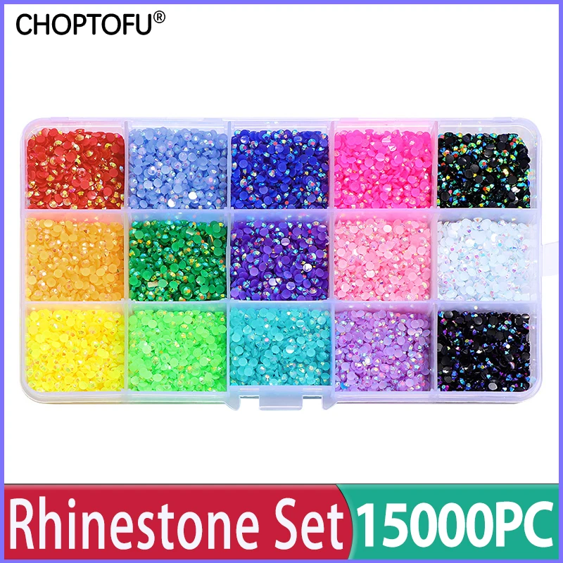 15000PC/Box 15 Grids Nail Rhinestones FlatBack Diamond Jelly AB Nail Art Decorations 3/4/5mm Crystal Resin Rhinestones Set