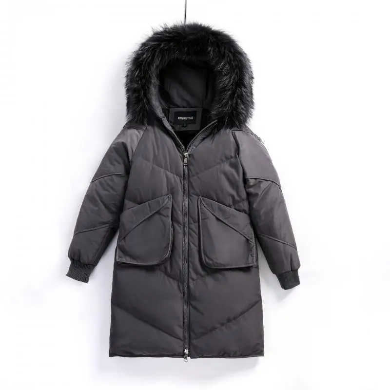 Женский длинный пуховик с большими карманами свободная парка в Корейском стиле