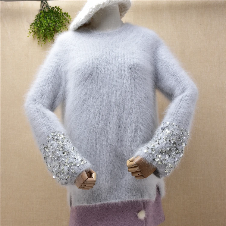 

Дамы Женская мода бисером Зимний толстый норка кашемир, вязанный, длинные рукава, пуловер свободного кроя из ангоры кроличий мех джем