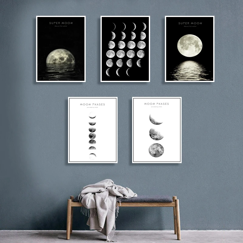 

Moon Universe Black and White Galaxy Photography Simple Background Wall Decoration Mural Ocean Hemisphere Art Combination Poster