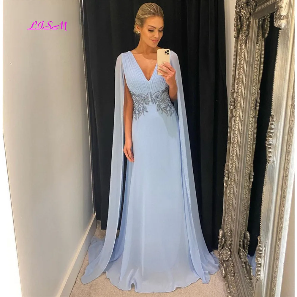 Купи Elegant Light Blue Chiffon Prom Dresses With Long Cape Sleeves V-Neck Lace Applique Floor Length Evening Gowns For Women за 5,568 рублей в магазине AliExpress