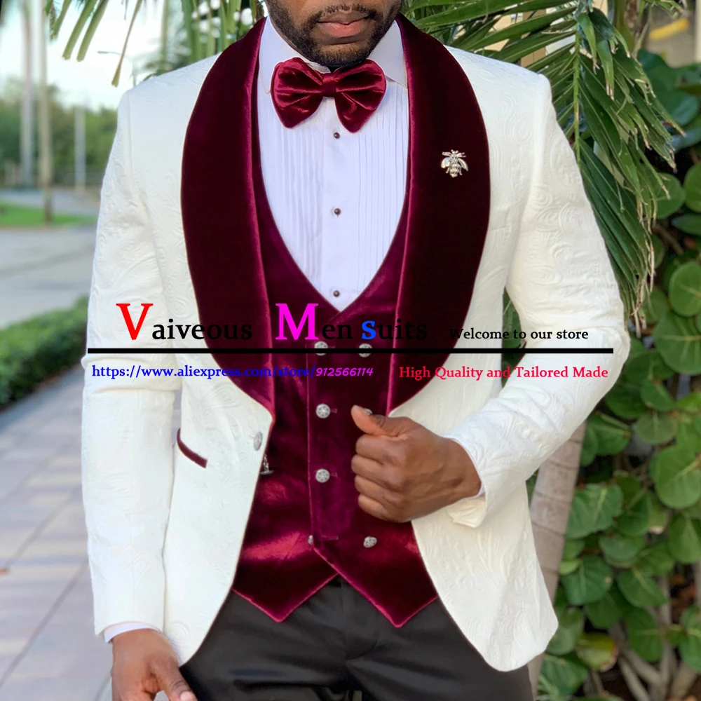 Жаккардовый смокинг цвета слоновой кости для жениха темно-синие бархатные