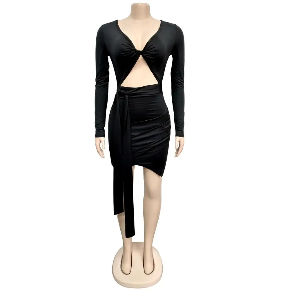 2020 Spring Sexy Women Dress Deep V-neck Slinky Bodycon Bandage Long Sleeve Hollow Out Party Vestidos Black Red | Женская одежда