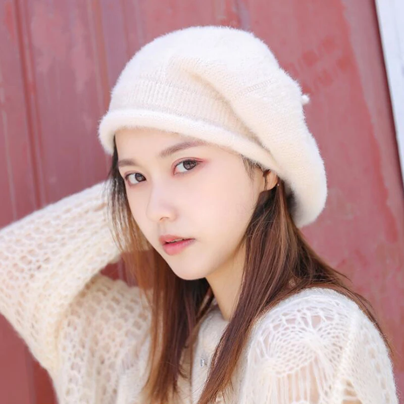 

TIANYIN Women's Autumn and Winter Korean Trendy Solid Woolen Hat All-match Painter Hat Imitation Mink Wool Warm Knitted Beret