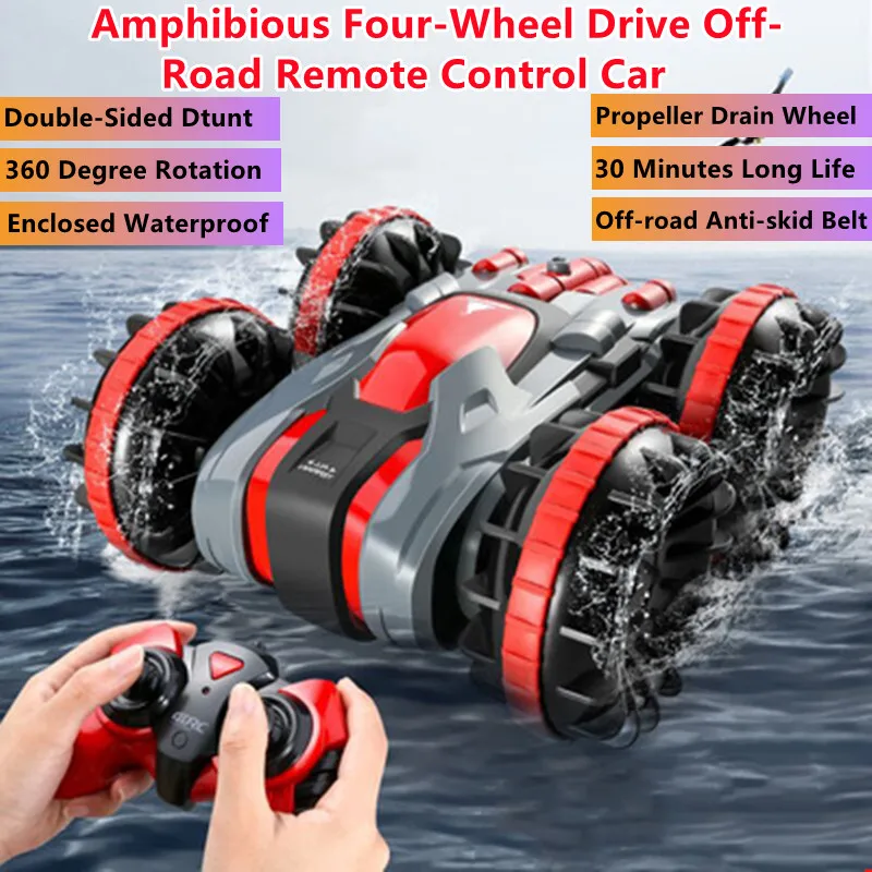 

Amphibious Double-Sided Stunt Remote Control Car 30Mins 100M Off-road Anti-skid Belt Propeller Drain Wheel 360° Rotation RC Car