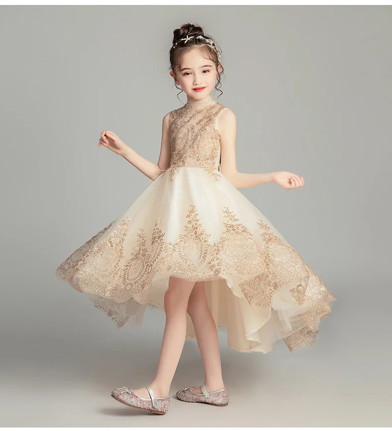 Золотое кружевное свадебное платье с блестками для девочек детское праздничное