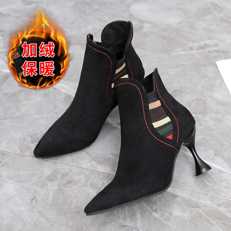 

Женские зимние ботинки, новинка 2021, популярные ботинки разных цветов, ботильоны с острым носком для женщин, ботинки на тонком каблуке, модны...