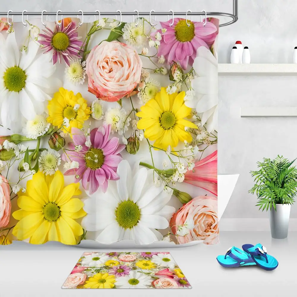 Цветущие цветы Весенняя занавеска для душа водонепроницаемая полиэфирная ткань