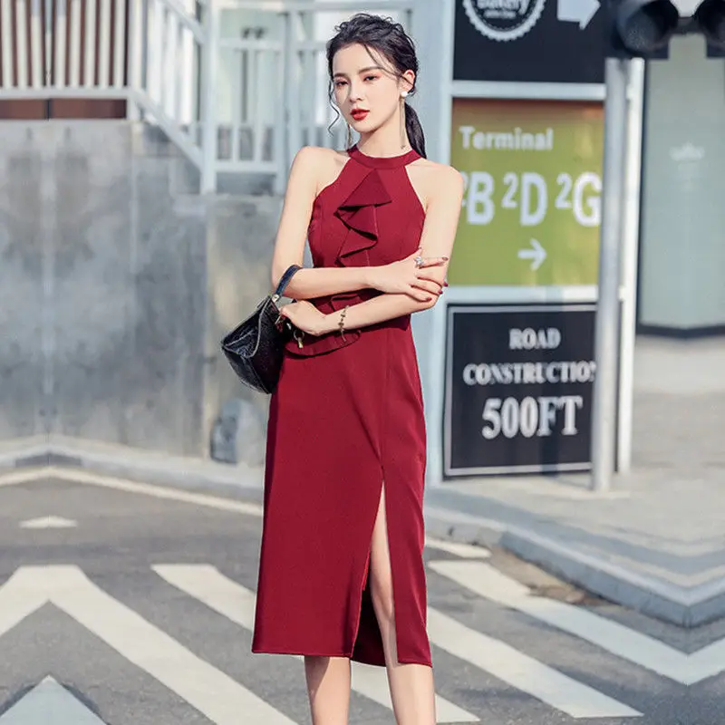 

Neck-mounted Banquet Temperament Women Dress Long Slim Open Fork Lotus Leaf Side Sleeveless Summer Party Skirt