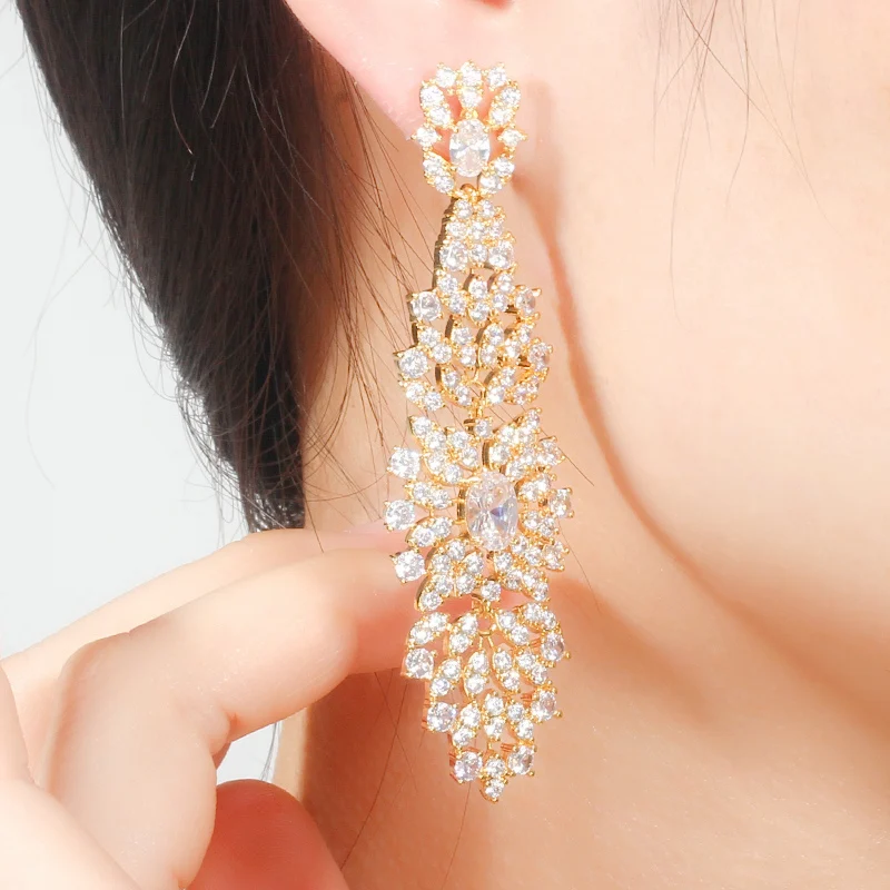 CWWZircons African Cubic Zirconia Paved Elegant Dangle Drop Indian Gold Long Wedding Bride Earrings for Women CZ649 | Украшения и