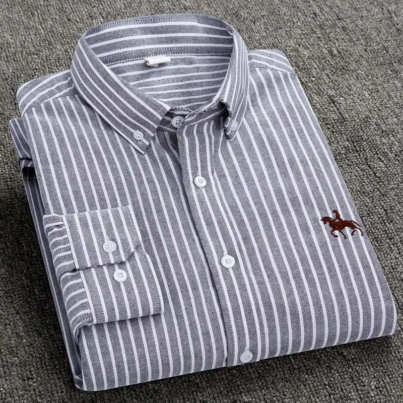 923 Gray Stripe Мужская рубашка в Оксфордском стиле из хлопка размера плюс 4XL, Однотонная рубашка на пуговицах с длинным рукавом высокого качества для деловых мужчин, умная Повседневная рубашка - Цвет: 923 Gray Stripe