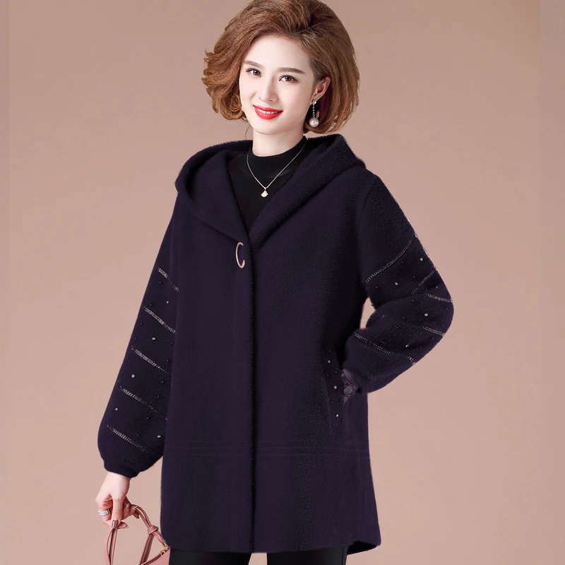 

Mom Woolen Jacket Fashion Loose Length Oversize Hooded Overcoat Women Autumn Winter Imitation Mink Velvet Outerwear Coat Female