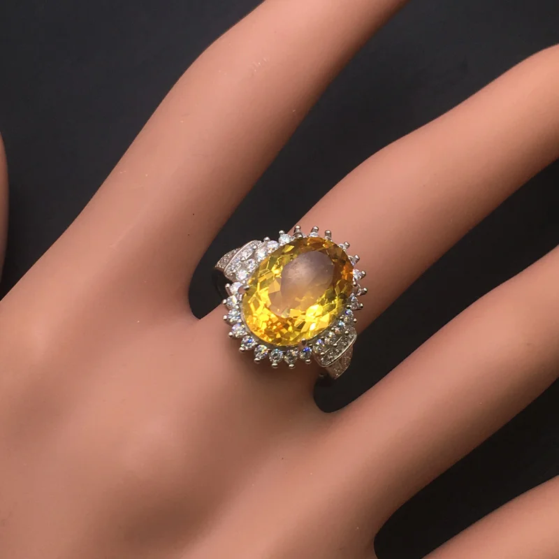 Кольца женские регулируемые из серебра 925 пробы с желтым кварцем 10 х14 мм CSJ для