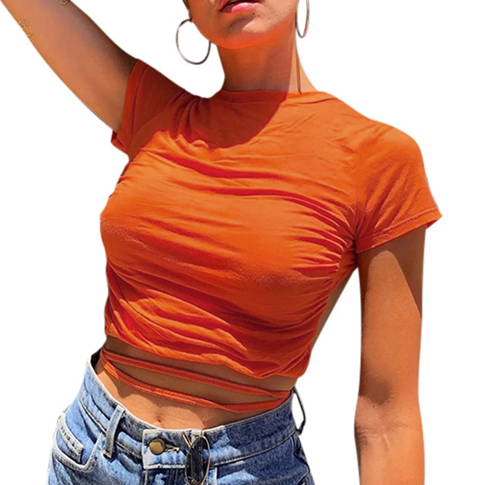 

Модная женская Однотонная футболка, топы, пикантные облегающие Топы с коротким рукавом и открытой спиной, Клубная одежда, Летняя короткая о...