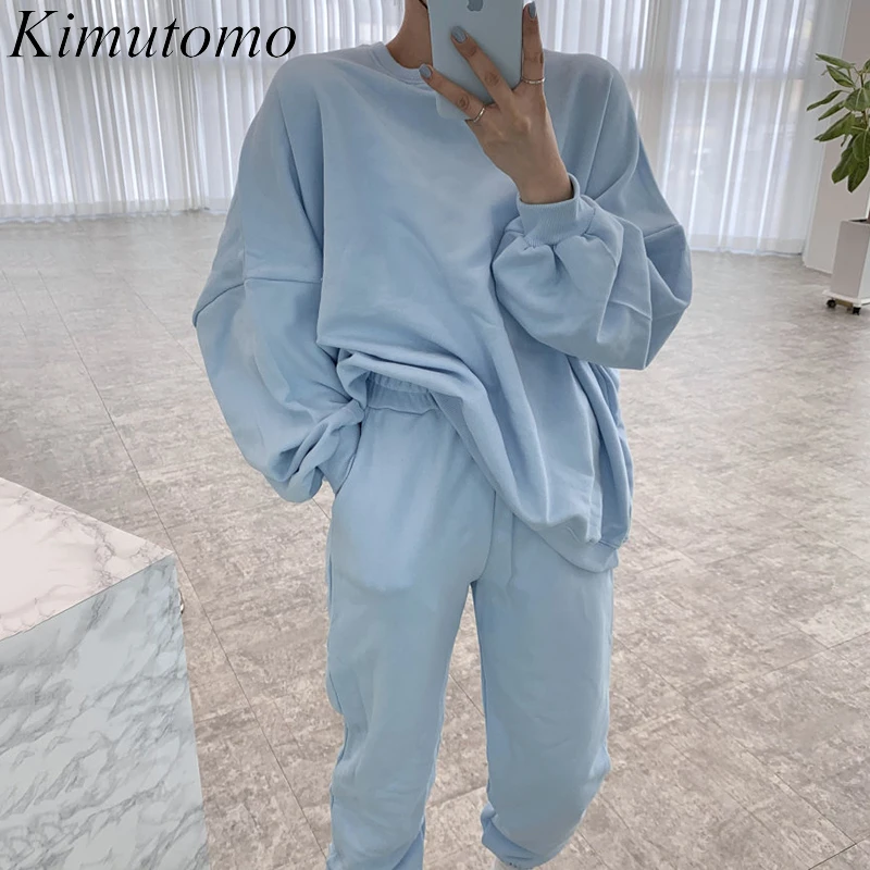

Kimutomo Autumn Women Sports Sets Korea Simple Round Neck Solid Loose Long-Sleeved Pullover High Waist Leisure Trousers Suit
