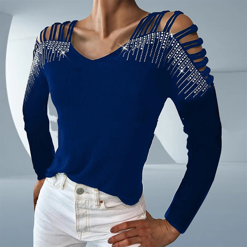 

Осенняя женская футболка Стразы с открытыми плечами и V-образным вырезом, черная облегающая Повседневная футболка, женские офисные Топы с длинным рукавом 2021