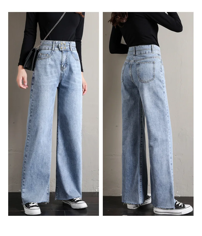 Женские джинсы бойфренды с высокой талией и широкими штанинами корейские