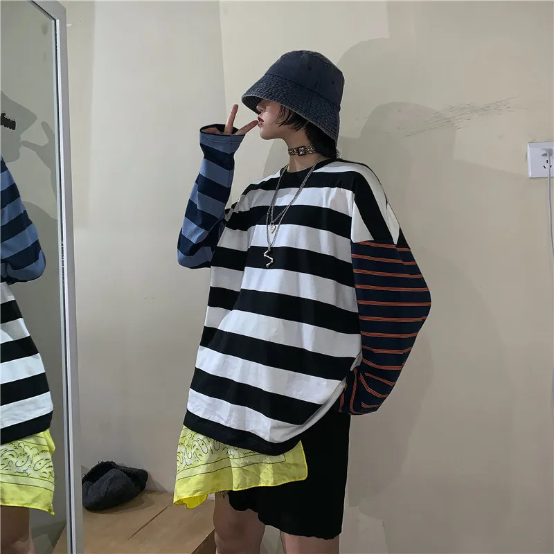 Woherb негабаритных хлопковая футболка с длинным рукавом в полоску принтом виде